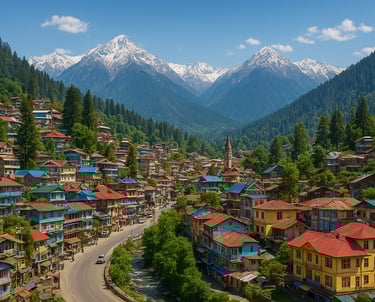 "Hillside town with colorful houses and snowy mountains."