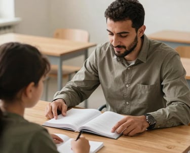 A supportive Middle Eastern / Anatolian male tutor sitting at a clean wooden desk with a student, focusing on an open textbook, warm and encouraging educational atmosphere, natural daylight.