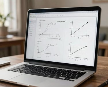 A modern laptop screen showing an interactive online whiteboard with mathematical graphs and functions, with a Middle Eastern / Anatolian home study environment in the blurred background.