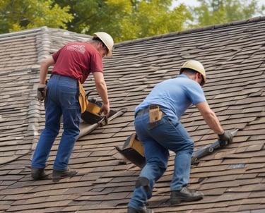 Contractor inspecting a roof damaged by heavy storm debris on a sunny day