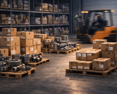 Industrial warehouse staging urgent spares for emergency turnaround supply