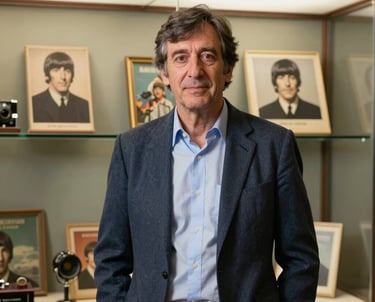 A professional portrait of a museum curator in a smart-casual South American style, standing in front of a glass display case containing vintage Beatles memorabilia.