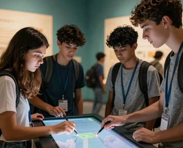 A detailed shot of a group of students interacting with a touchscreen educational display in a museum with soft teal and gold ambient lighting.