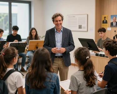 A photography of a smiling educator guiding a group of students through a music museum, captured in a bright, modern Argentine educational setting.