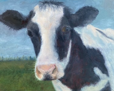 An original oil painting of a dairy cow close up