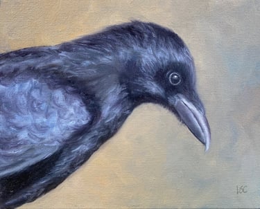 An original oil painting of a crow with side profile