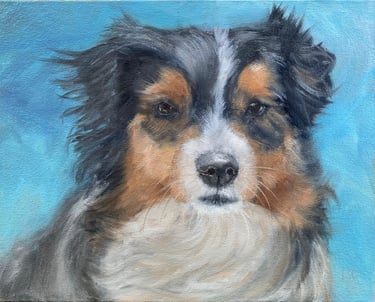 An original oil painting of collie dog close up