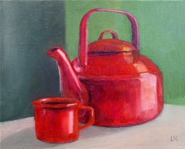 An original oil painting of a red enamel teapot & kettle
