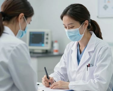 A doctor reviewing a heart scan on a digital tablet in a bright clinic.
