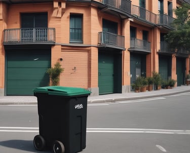 Gardener trimming shrubs and maintaining a small green area in a courtyard.