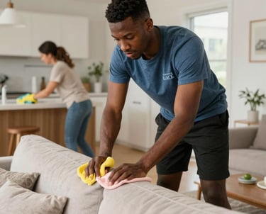 A friendly cleaner in uniform smiling while tidying a bright, cozy living room.