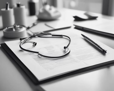 A clean, minimalist workspace with a stethoscope, a laptop displaying financial charts, and a navy blue and gold color scheme.