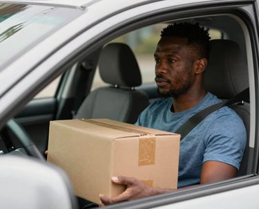 A professional courier in branded Hertzway LLC attire carefully handling a medical package outside a healthcare facility.
