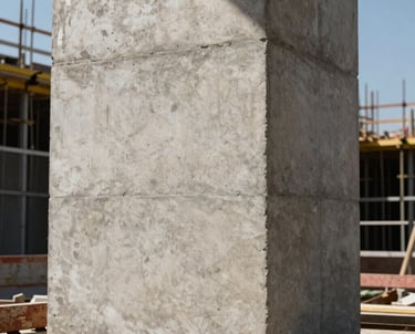 Action shot of a construction site in Chile, focused on a modern concrete pillar with sunlight hitting the texture, medium gray tones.