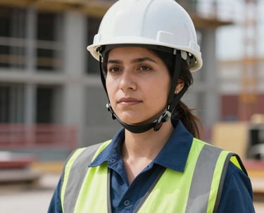 Portrait of a Chilean female engineer on a construction site wearing a white helmet, focused and professional, blurred structure in background.