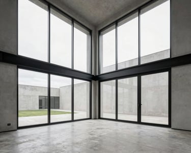 Architectural interior of a high-ceilinged room with light gray concrete floors and black window frames, minimalist Chilean design.