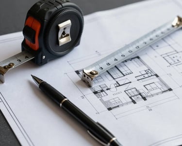 Detailed shot of architectural blueprints laid out next to a black pen and a silver measuring tape, dark gray background.