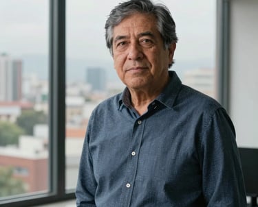 Portrait of a senior developer in a South American / Chilean context, standing before a window with a city view, professional lighting.