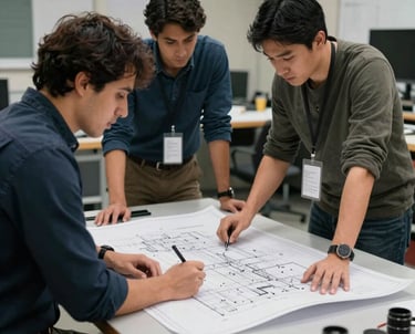 Architects in a South American / Chilean studio reviewing large blueprints on a light gray table, professional and focused atmosphere.