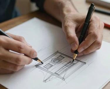 Close-up of hands drawing architectural sketches on professional paper, South American / Chilean architect's studio setting.