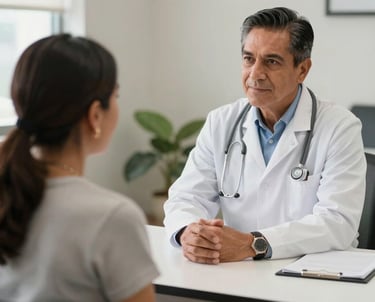 Close-up of a medical professional comforting a patient in a bright clinic.
