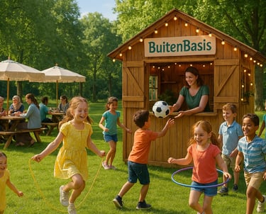 BuitenBasis houten huisje in het Schoterbos in Haarlem met spelende kinderen en hun ouders