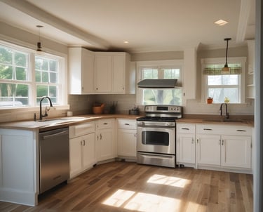 A skilled craftsman carefully painting a cozy living room wall with warm natural light streaming through the window.