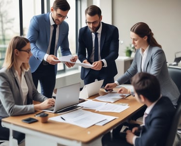 A confident leader speaking to a diverse team during a meeting.