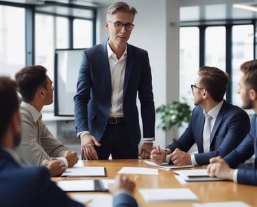 A confident leader speaking to a diverse team during a meeting.