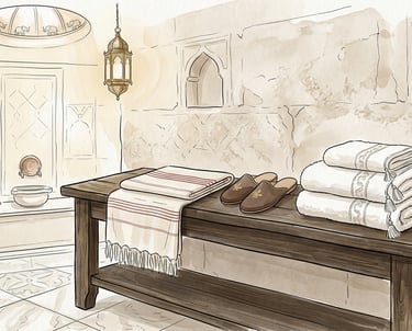 Sophisticated hammam illustration showing a serene spa experience and gift sets