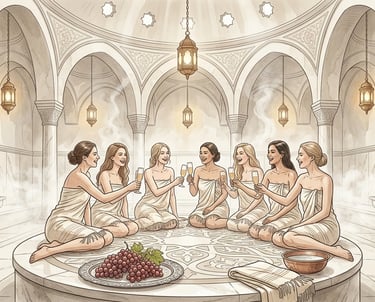 Friends enjoying a private celebration and refreshments in a 570-year-old historic hammam