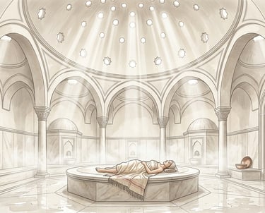 Serene woman relaxing on a gobektaşi stone under the historic dome at Hizirbey Hamami
