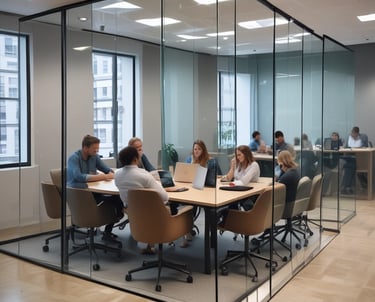 A diverse group of professionals collaborating around a table, smiling and sharing ideas.