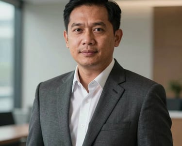 Portrait of a Southeast Asian / Indonesian man in a tailored suit, looking professional and approachable. He is in a modern corporate setting, representing career coaching and strategic planning.