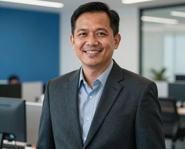Portrait of a Southeast Asian / Indonesian male professional with a confident smile. Background is a modern office interior with professional blue and white accents, representing operations and efficiency.
