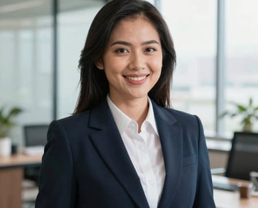 Portrait of a Southeast Asian / Indonesian woman in professional business attire, smiling confidently. She is in a bright, modern office with soft daylight, representing leadership and legal expertise.