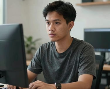 Portrait of a young Southeast Asian / Indonesian male digital expert in a creative workspace. He has a focused expression, representing digital growth and technical innovation.