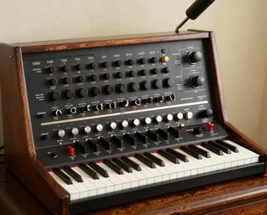 Vintage analog synthesizer with wooden casing, control knobs, and keys on a desk.