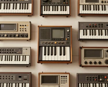 A collection of vintage analog synthesizers and electronic keyboards with wooden frames and knobs.