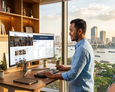 cambodian web designer at window overlooking phnom penh