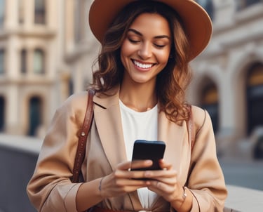 Minimalist white and gold themed image showing a smartphone with WhatsApp automation interface for an aesthetic clinic.