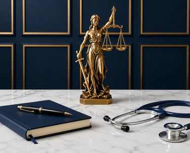 Ambiente institucional com elementos médico-jurídicos representando visão estratégica em Medicina Le