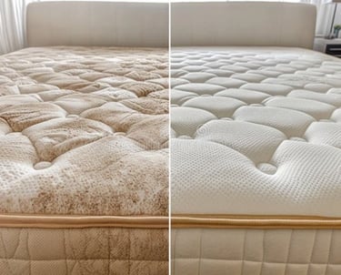 Comparación de antes y después de un colchón durante el proceso de limpieza de Limapamax