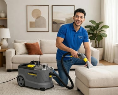 Joven limpiando un mueble como parte de un servicio de limpieza profesional en Bonao