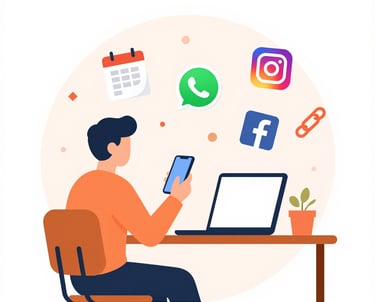 A warm cream background with five colorful cards arranged in a neat grid, each featuring an orange accent and a small icon.