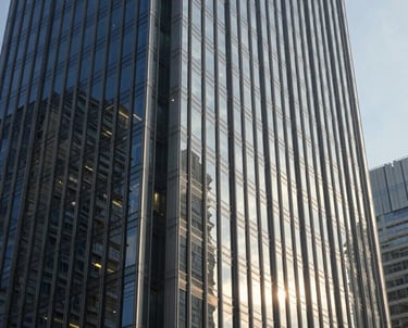 Architectural view of a modern skyscraper's glass facade reflecting the morning sun in a Global Business / Corporate financial district. Sharp angles, high contrast, and a sophisticated atmosphere in shades of navy and steel grey.
