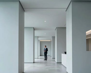 A minimalist, modern corporate lobby with clean lines and architectural depth. A professional figure in business attire stands in the background, representing leadership and strategic vision within a Global Business / Corporate context. Palette includes light grey and pale blue.