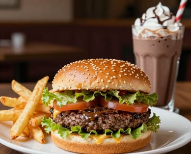 A juicy cheeseburger with crispy fries on a rustic wooden table.