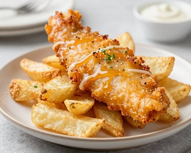 A plate of crispy fish and chips with tartar sauce and lemon wedges.