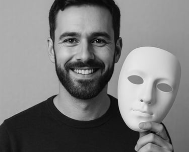 a man holding a mask with a mask on it